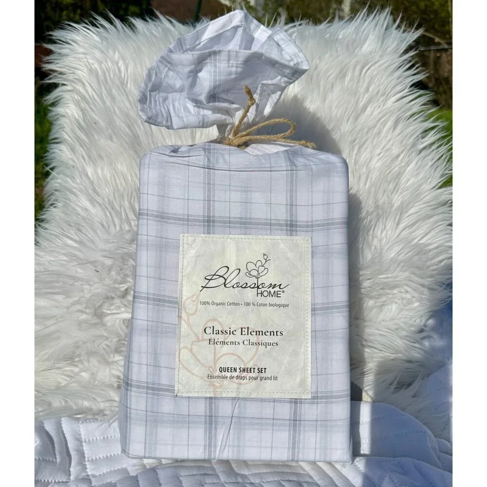 BLOSSOM HOME‎ Organic Cotton Sheet Set Queen Grey Classic Plaid